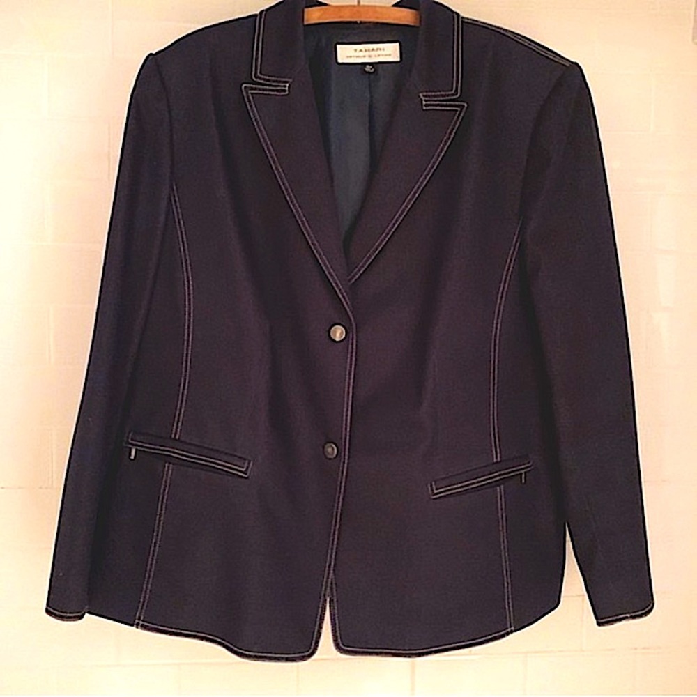 Tahari Dark Navy Blazer with Contrast Stitching
